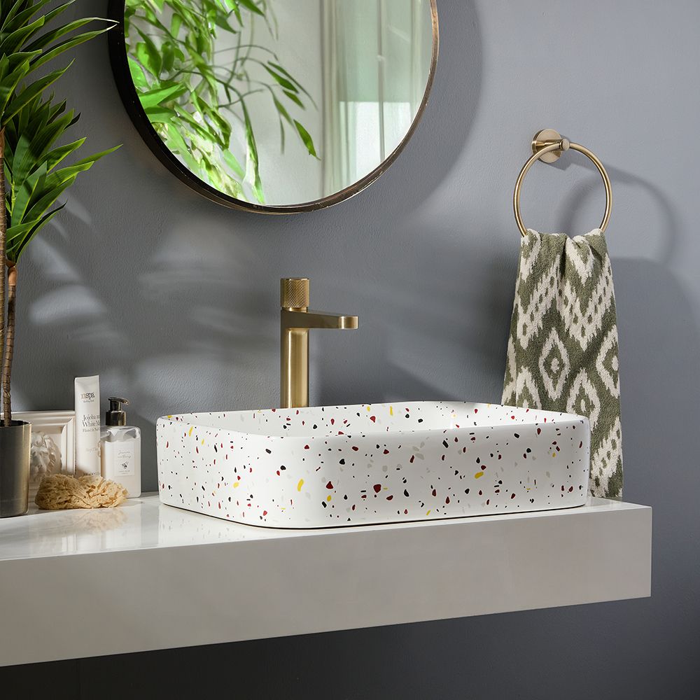 Lavabo Rectangular Sobre Encimera con Efecto Porcelana Terrazzo - 505mm x 370mm (Sin Agujeros para la Grifería) - Alswear