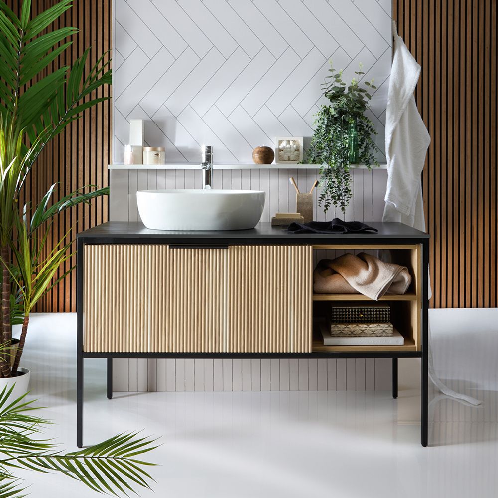 Mueble de Lavabo Acanalado - Negro y Roble Claro - Disponible en Distintas Medidas y Selección de Lavabos - Florence