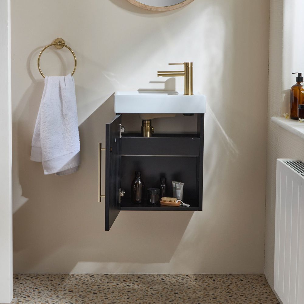 Mueble de Lavabo Suspendido Compacto de 400mm Completo con Lavabo Disponible con Mueble y Lavabo en Distintos Acabados y Selección de Manijas - Cluo
