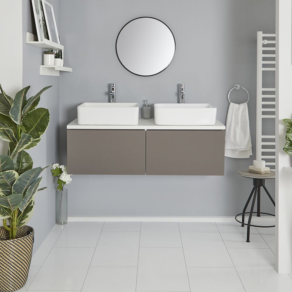 Mueble Base Mural de 1200mm Color Gris Opaco para Lavabo de Sobre Encimera con Encimera Blanca y Opción LED con 2 Lavabos Rectangulares – Newington