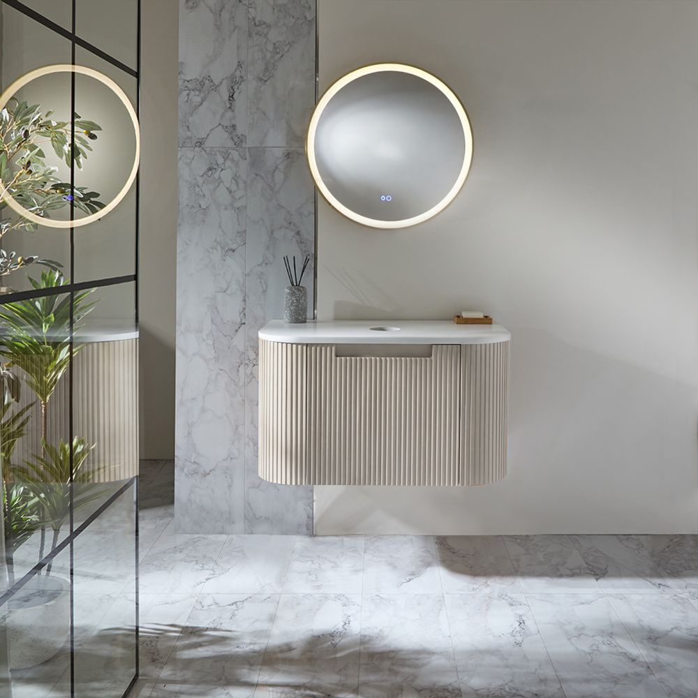 Mueble de Lavabo Suspendido Curvo - Acanalado - Disponible en Mueble de Lavabo Suspendido Curvo Acanalado - Efecto Madera Roble - Disponible en Distintas Medidas y Selección de Lavabos - Chalton