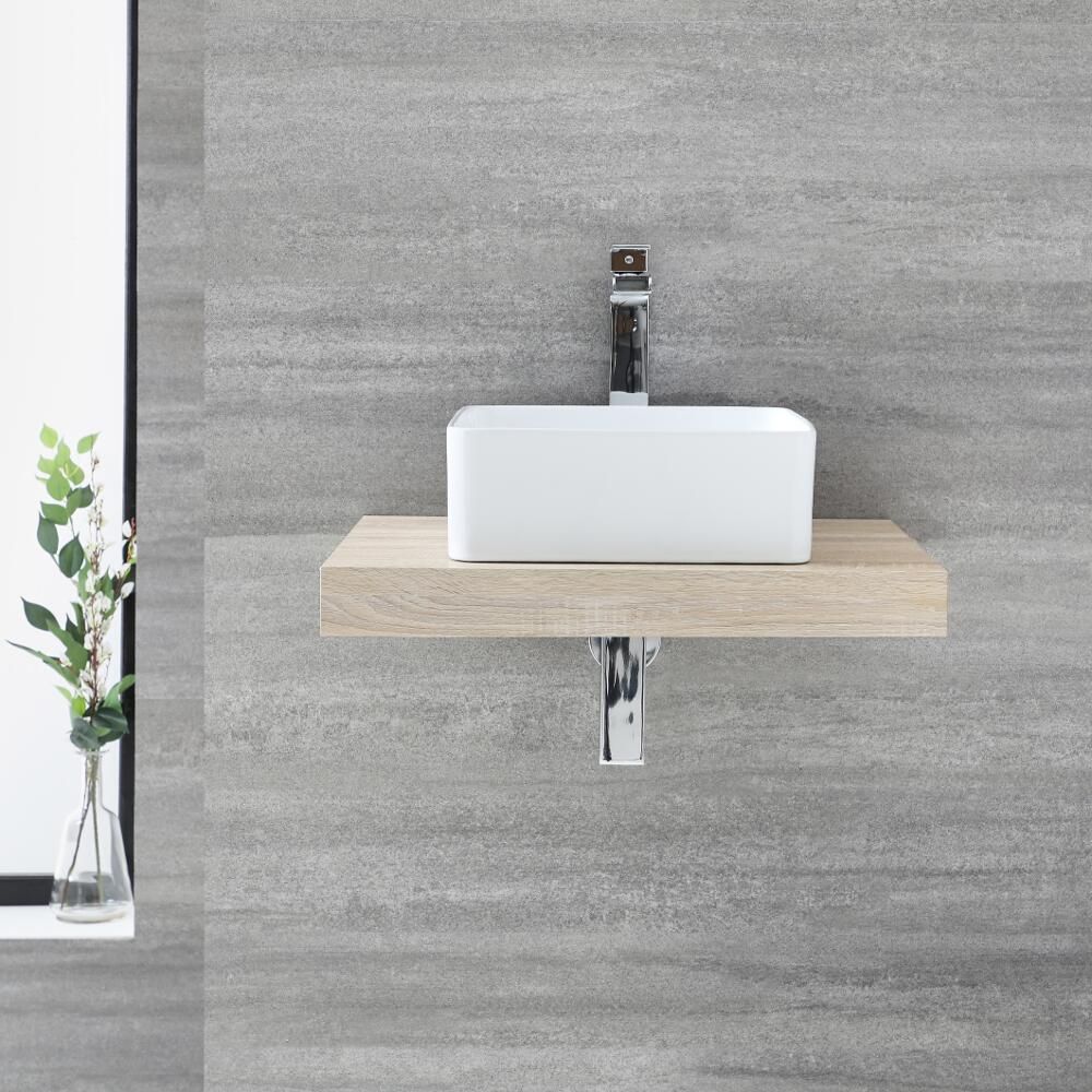 Encimera Flotante Color Roble de 600mm Completa con Lavabo Sobre Encimera de 370mm x 370mm - Alswear