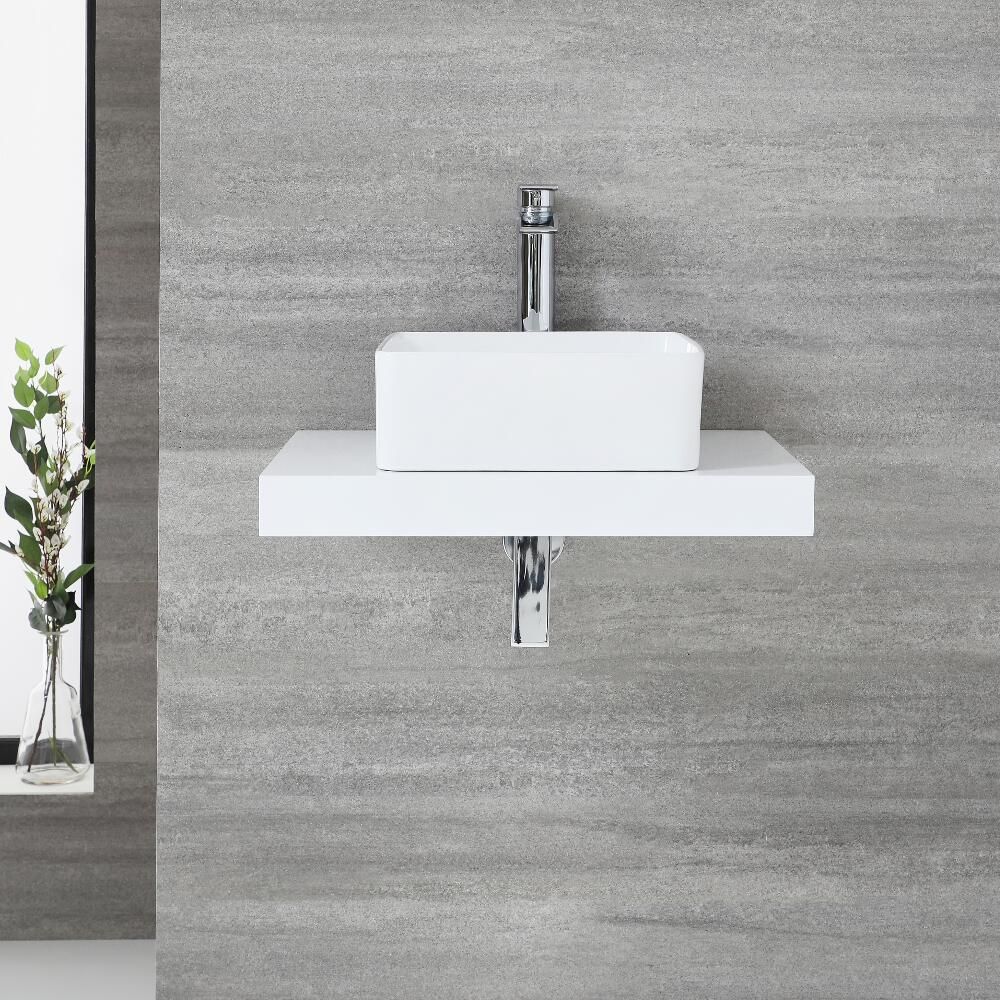 Encimera Flotante de 600mm Blanca Completa con Lavabo Sobre Encimera de 370mm x 370mm - Alswear