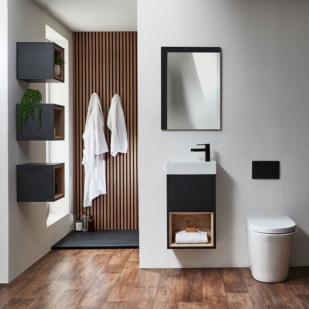 Mueble Suspendido con Repisa Abierta de 400mm Completo con Lavabo - Selección de Acabado y Luz LED - Hoxton