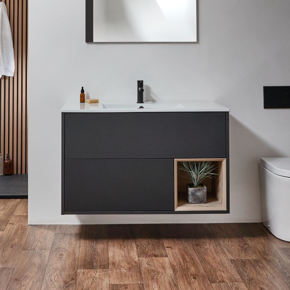Mueble Suspendido con Repisa Abierta de 1000mm Completo con Lavabo - Selección de Acabado y Luz LED - Hoxton