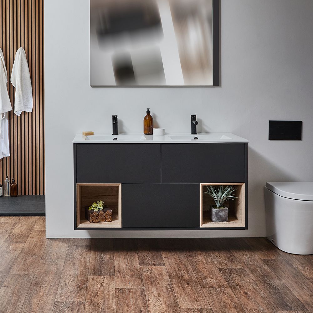 Mueble Suspendido con Repisa Abierta de 1210mm con Lavabo Doble - Selección de Acabados y Luz LED - Hoxton