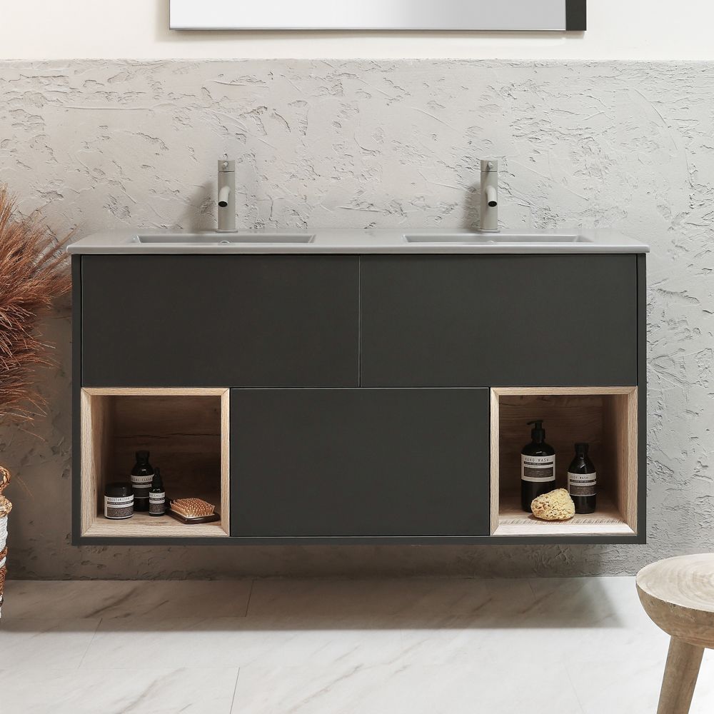 Mueble de Lavabo de 1212mm Suspendido con Repisa Abiertacon Lavabo Doble Elements - Selección de Lavabos, Acabados y con Luz LED - Hoxton