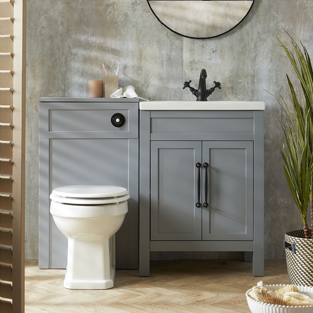 Set de Baño con Mueble de Lavabo de Color Gris Claro - 600mm - Completo con Lavabo y Mueble para WC con Inodoro Adosado Richmond - Manijas en Distintas Estilos y Acabados  - Warwick