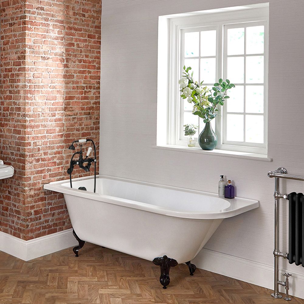Bañera Tradicional Exenta de Esquina Color Blanca con Patas Negras - 1685mm x 750mm - Disponible en Versión Izquierda/Derecha - Legend