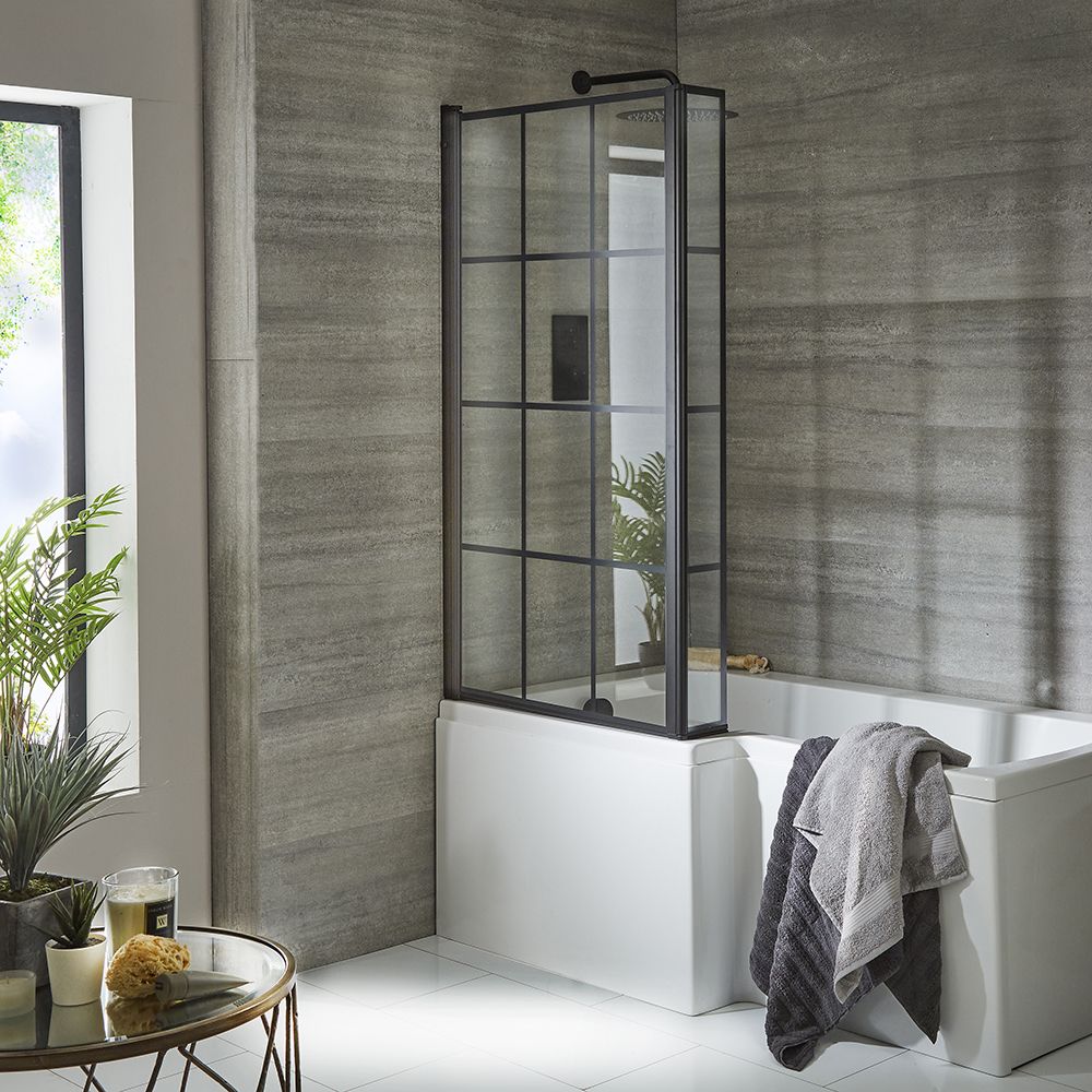 Pared de Ducha para Bañera Plegable a Cuadrícula con Forma de L - Negro - Barq