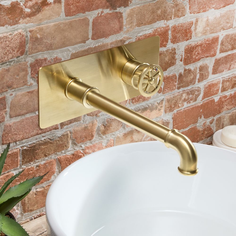 Grifo Mezclador Mural para Lavabo en Estilo Industrial - Oro Satinado - Zandra