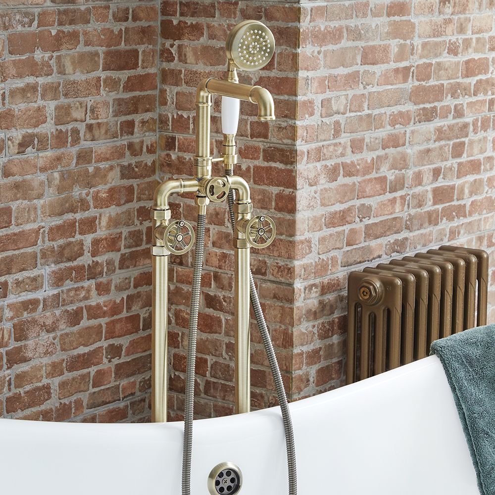 Mezclador de Bañera Independiente y Ducha Completo con Telefonillo en Estilo Industrial - Oro Cepillado - Zandra