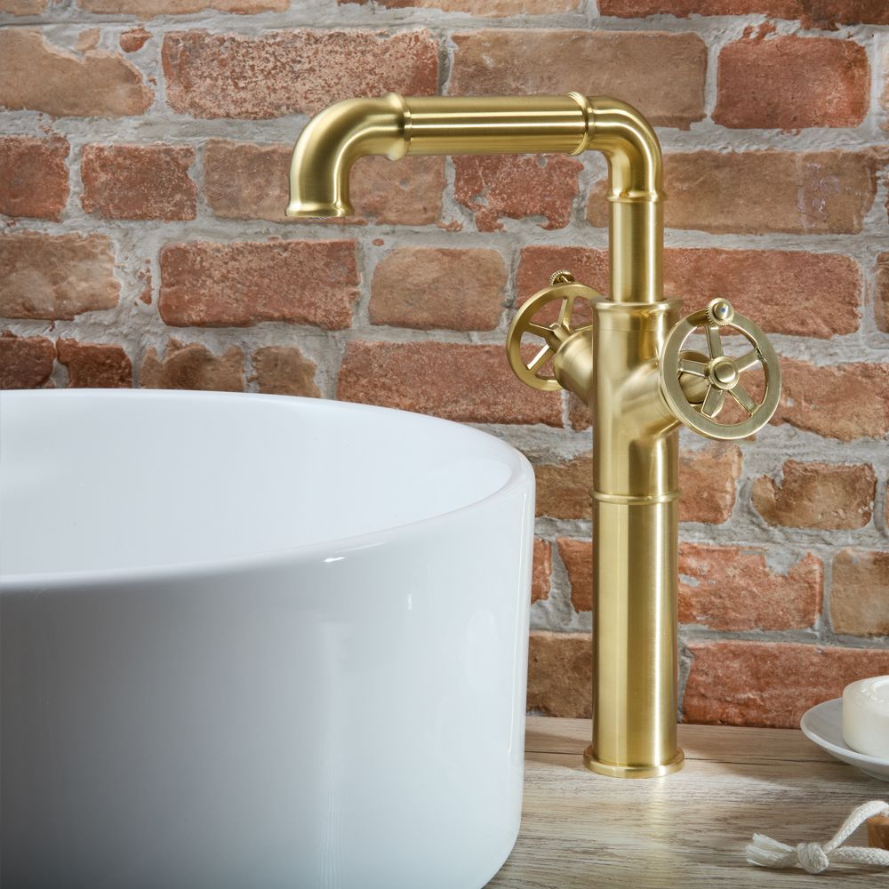 Grifo Mezclador Monoforo Alto para Lavabo en Estilo Industrial - Oro Satinado - Zandra