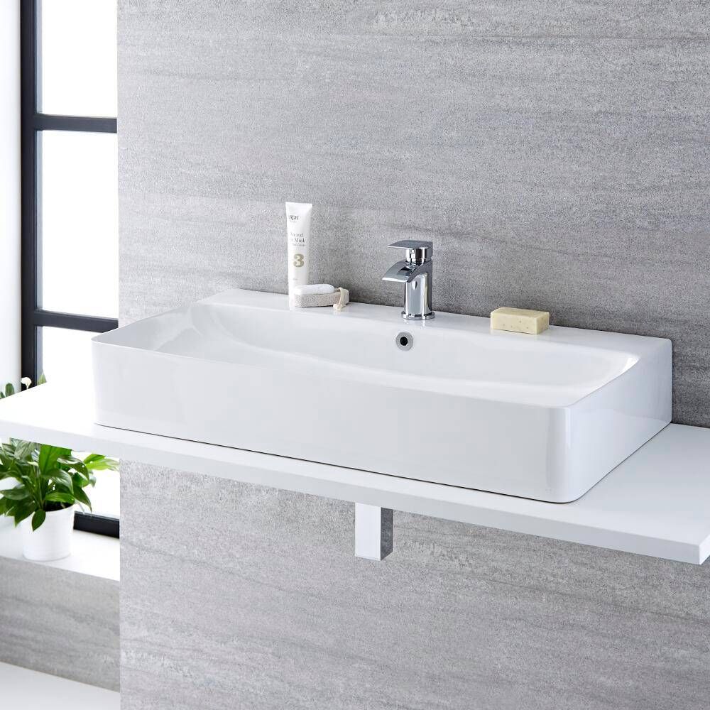Lavabo Sobre Encimera Suspendido Rectangular de Cerámica 800x415mm con Grifo Mezclador de Lavabo Monoforo -  Exton