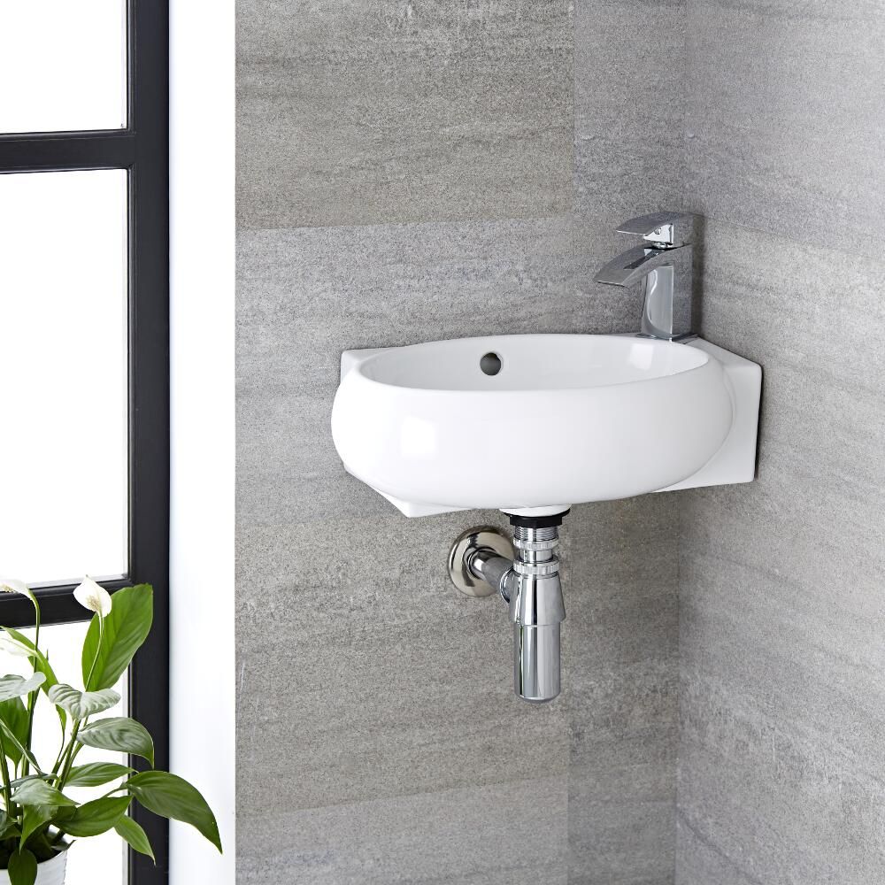 Lavabo Suspendido Oval de Cerámica 430x280mm con Grifo Mezclador de Lavabo Monoforo - Ashbury