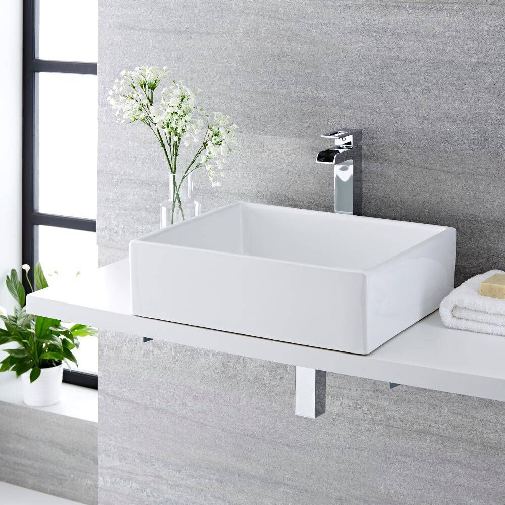 Lavabo Sobre Encimera Rectangular de Ceramica 490x390mm Completo con Grifo Haldon