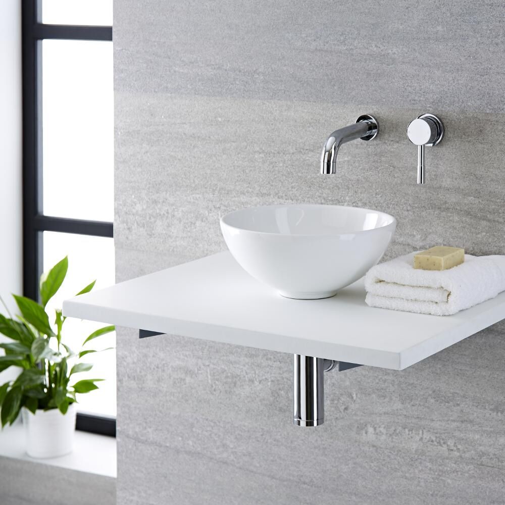 Lavabo Sobre Encimera Redondo de Cerámica 120x280mm con Mezclador de Lavabo Mural - Ashbury