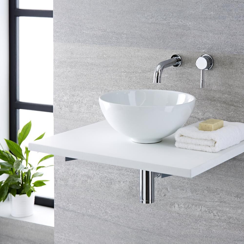 Lavabo Sobre Encimera Redondo de Cerámica 320x320mm con Mezclador de Lavabo Mural  - Ashbury