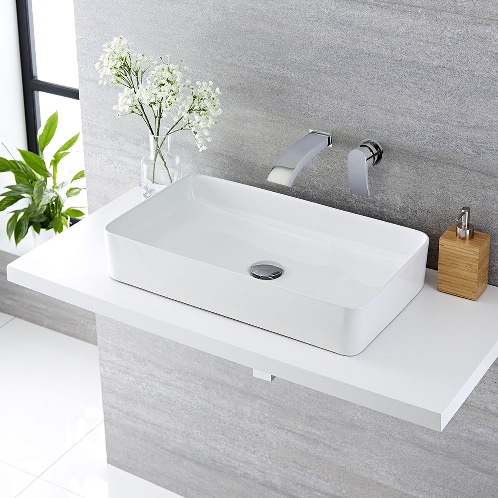 Lavabo Sobre Encimera Rectangular de Cerámica 610x350mm con Mezclador de Lavabo Mural - Alswear