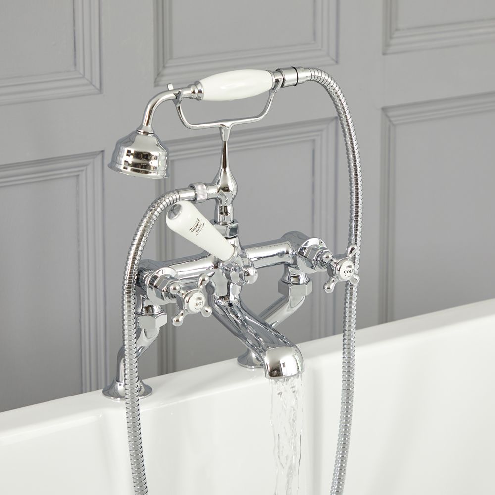 Grifo Mezclador para Bañera Estilo Tradicional Color Cromado y Blanco con Manijas en  Cruceta - Elizabeth