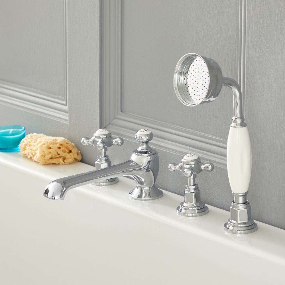 Grifo Mezclador para Bañera de 4 Agujeros Estilo Tradicional Manijas en Cruceta Disponible en Distintos Acabados - Elizabeth