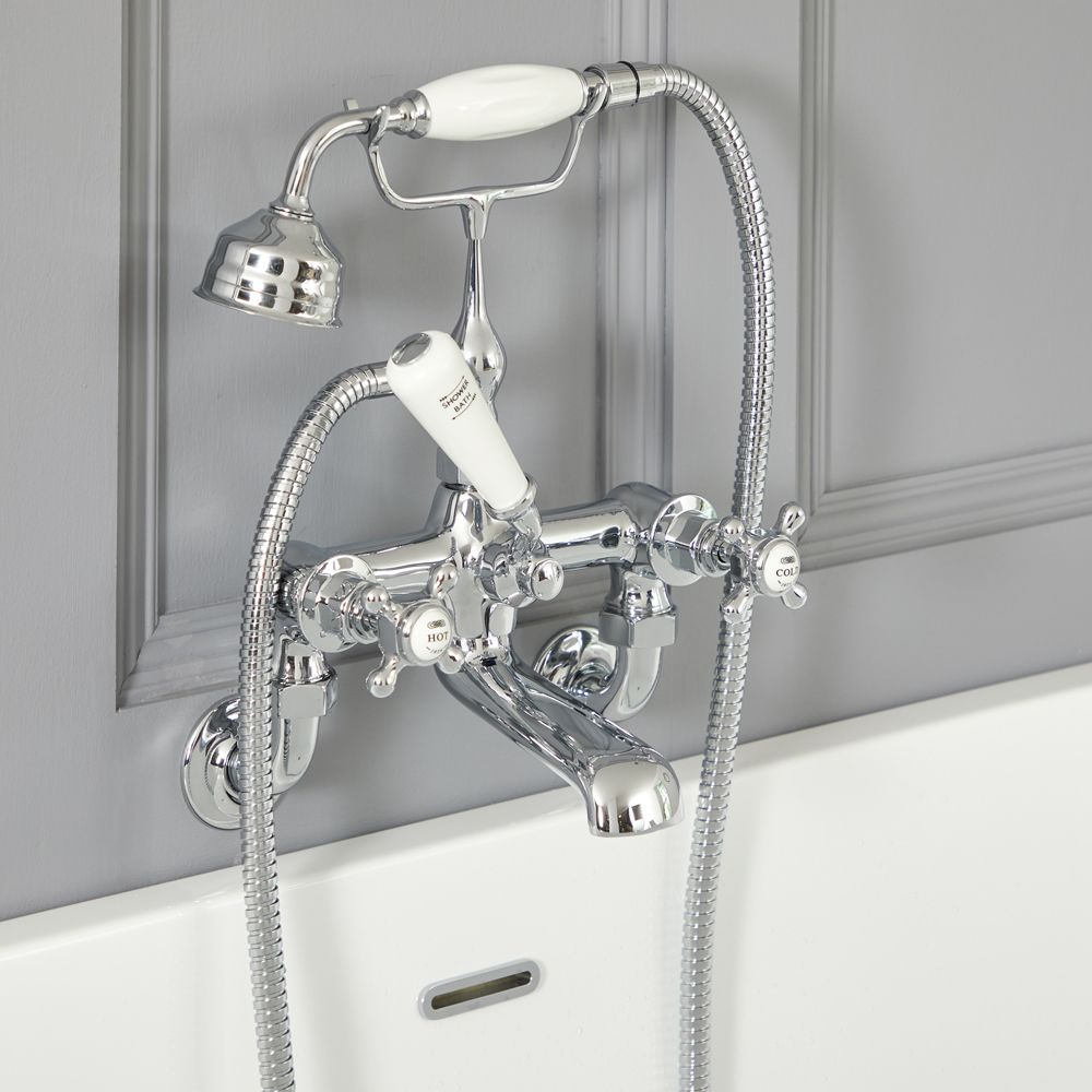 Grifo Mezclador de Pared para Bañera Estilo Tradicional Acabado Cromado y Blanco con Manijas en Cruceta - Elizabeth