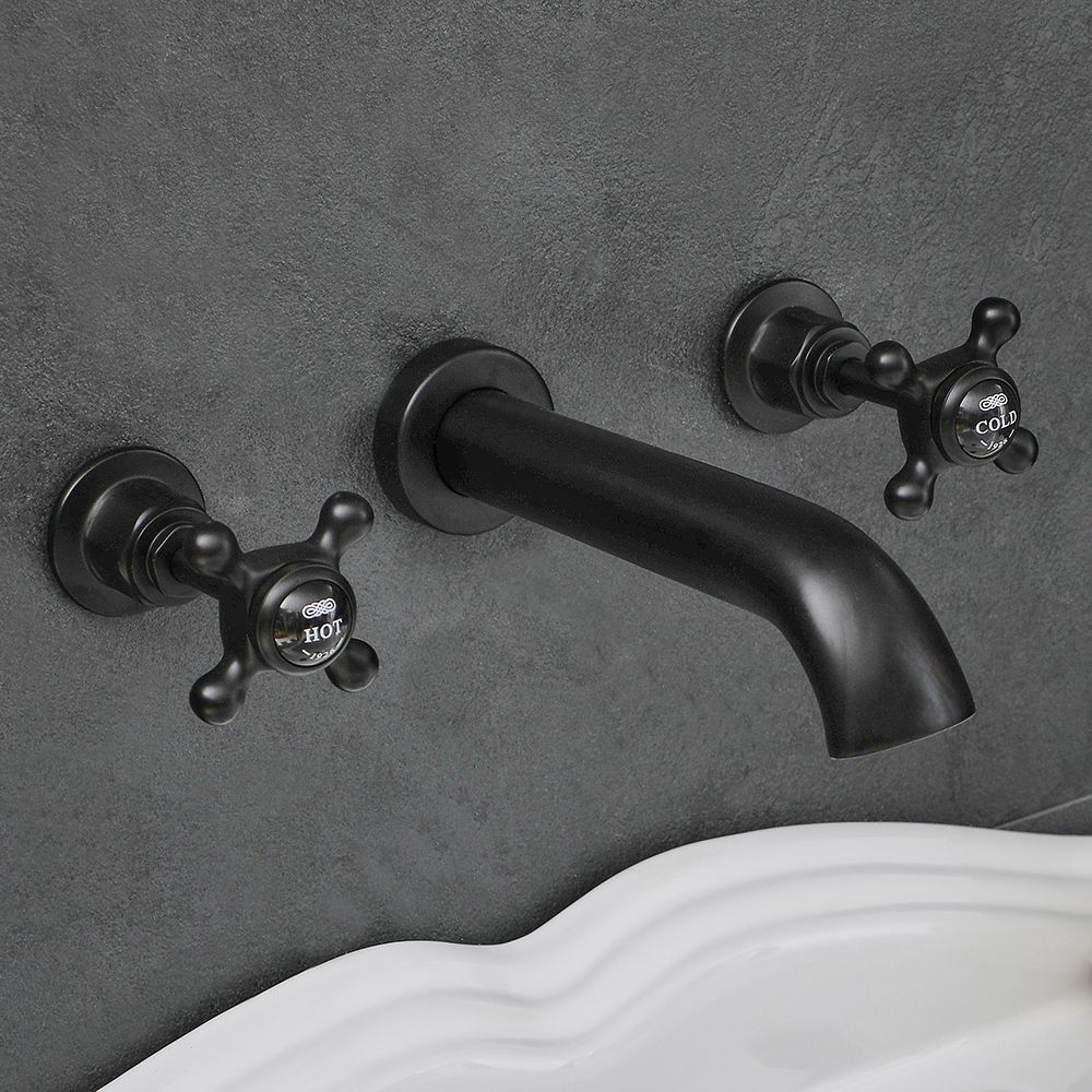 Grifo Mezclador Mural Tradicional para Lavabo de 3 Agujeros con Manijas en Cruceta - Acabado Negro - Elizabeth