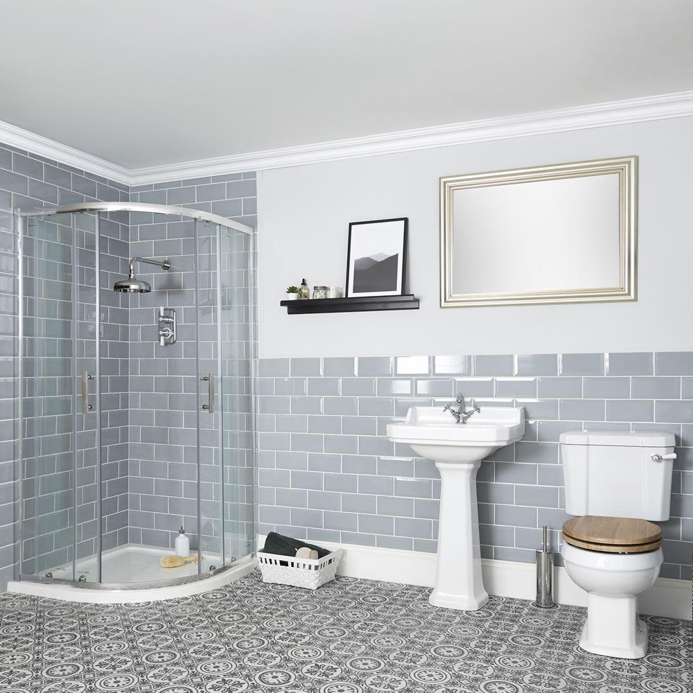 Conjunto Tradicional para Cuarto de Baño Completo con Mampara de Ducha Angular, Inodoro Monobloque y Lavabo con Pedestal - Richmond