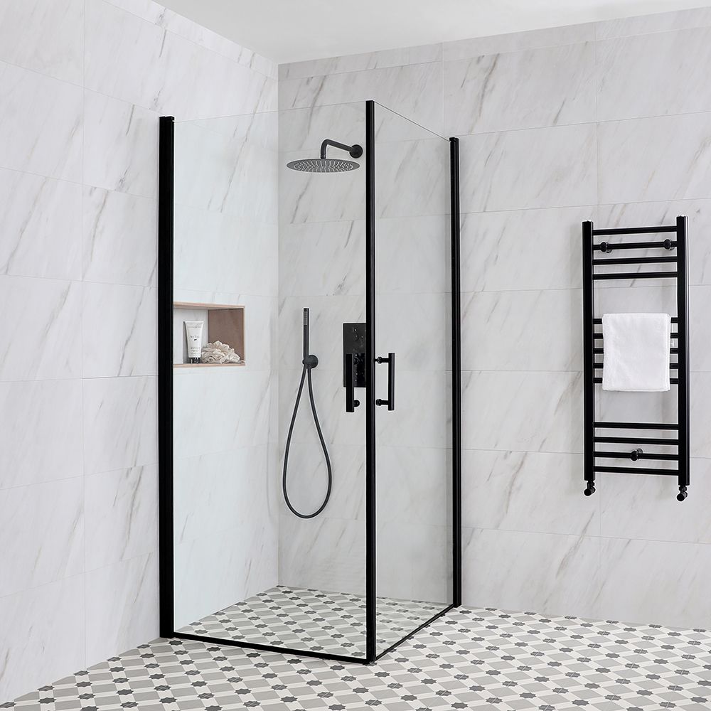 Mampara de Ducha de Obra Angular Negra con Panel Doble y Bisagras - Disponible en Distintas Medidas - Nox