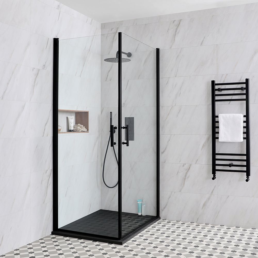 Mampara de Ducha Angular Negra con Panel Doble, Bisagras y Plato de Ducha Efecto Pizarra - Elección de Medidas - Nox