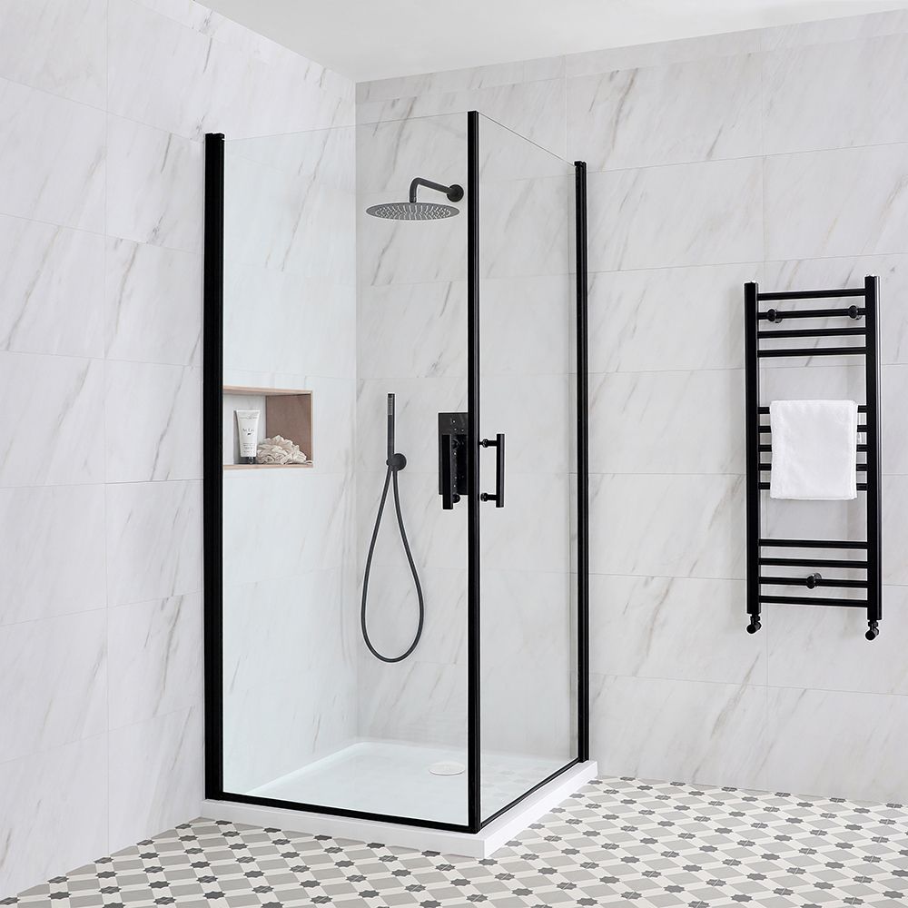 Mampara de Ducha Angular Negra con Panel Doble, Bisagras y Plato de Ducha - Elección de Medidas - Nox