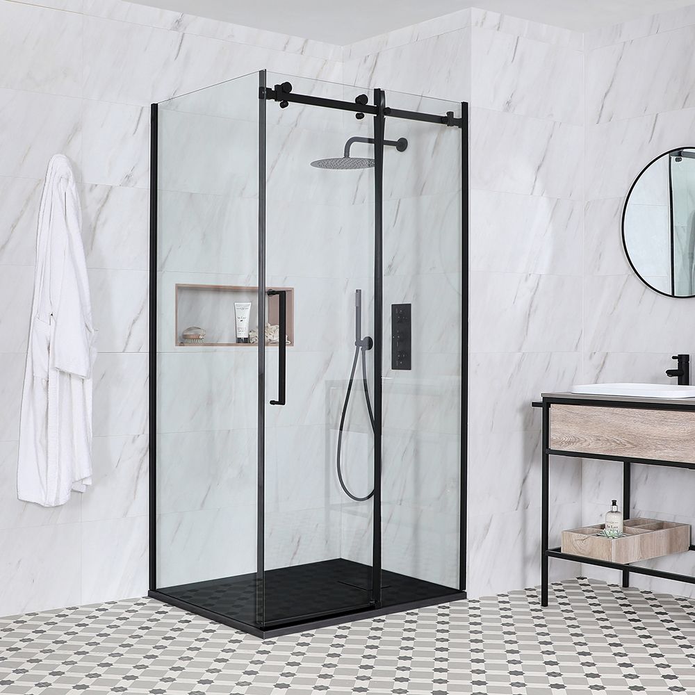 Puerta de Ducha Corredera sin Marco para Esquina Completa con Plato de Ducha Efecto Pizarra - Acabado Negro - Nox - Disponible en Distintas Medidas