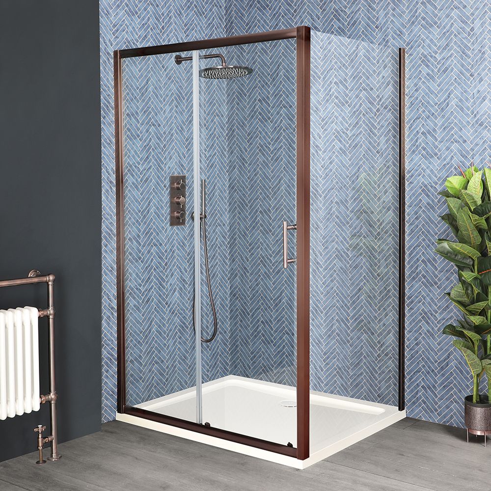 Puerta de Ducha Corredera Angular de Color Cobre con Plato de Ducha - Disponible en Distintas Medidas - Eris