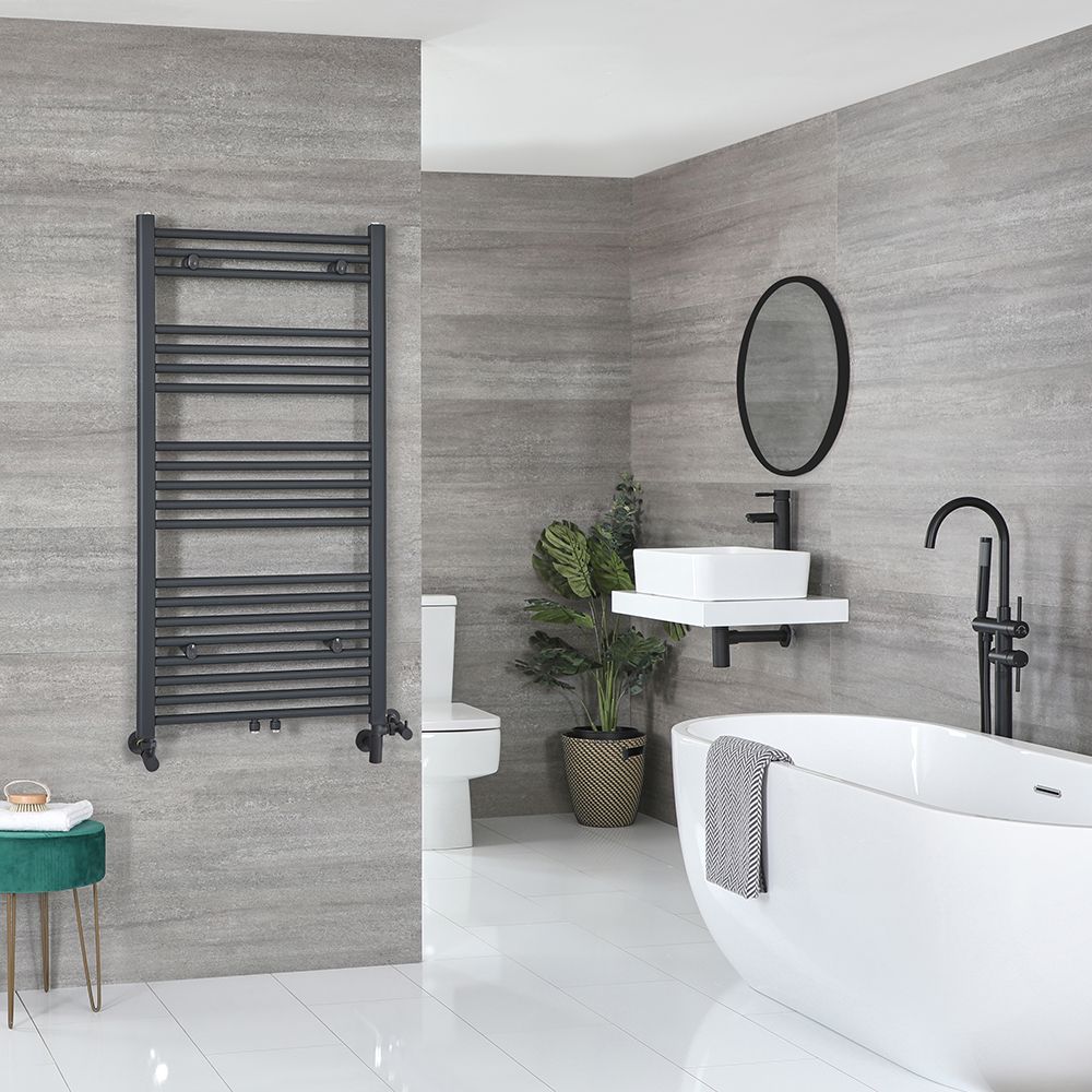 Radiador Toallero Mixto Antracita Plano - 1188mm x 500mm - incl. 600W Elemento Eléctrico, Pieza en Forma de T y Llaves - Neva