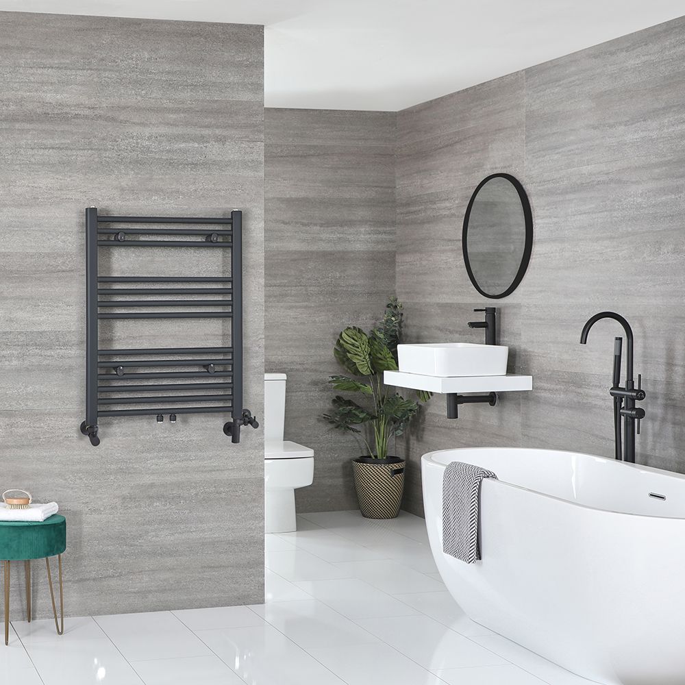 Radiador Toallero Mixto Antracita Plano - 803mm x 500mm - incl. Elemento Eléctrico de 400W, Pieza en Forma de T y Llaves - Neva