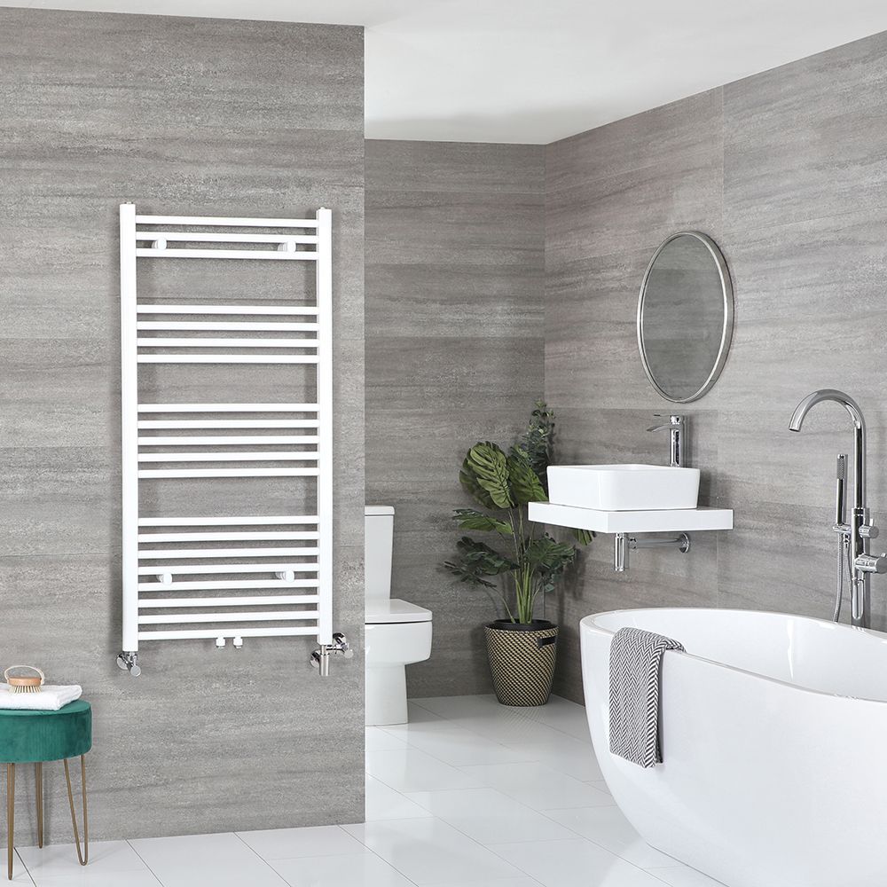 Radiador Toallero Mixto Blanco Plano - 1188mm x 600mm - incl. 600W Elemento Eléctrico, Pieza en Forma de T y Llaves - Neva