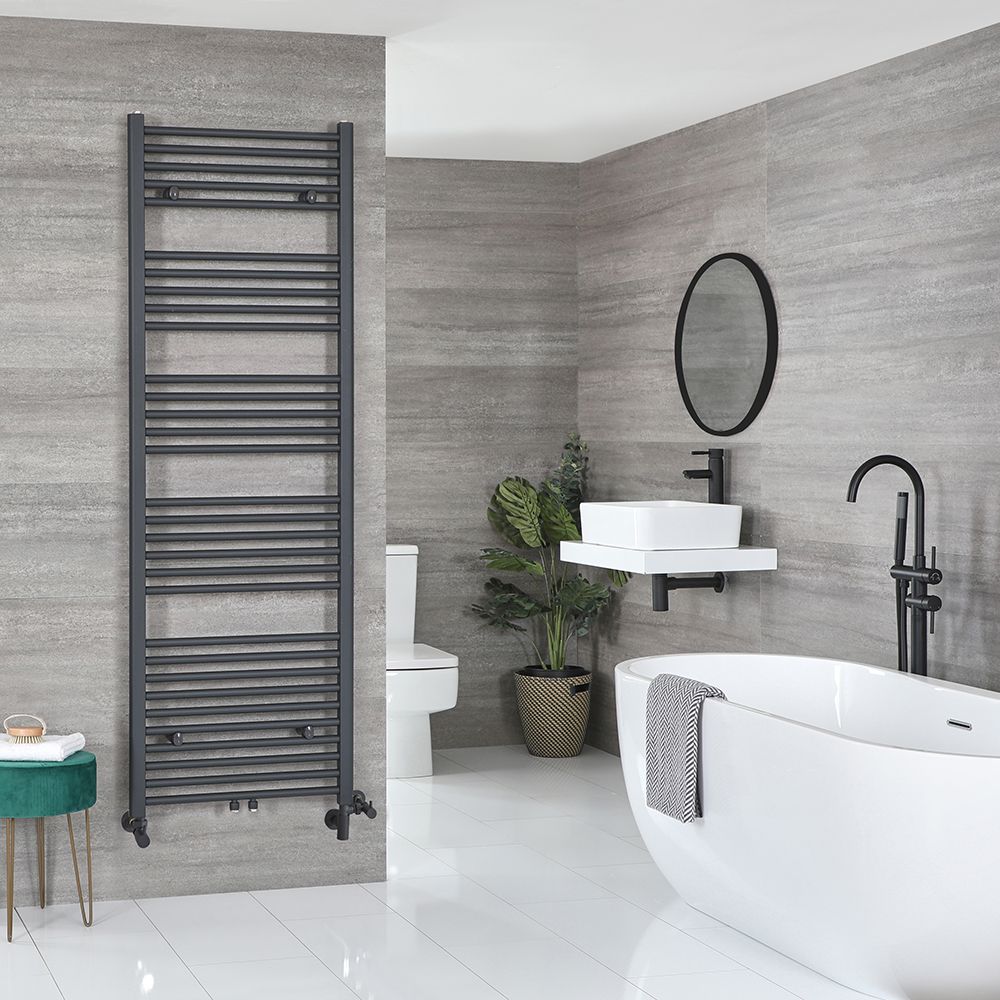 Radiador Toallero Mixto Antracita Plano - 1785mm x 600mm - incl. Elemento Eléctrico de 1000W, Pieza en Forma de T y Llaves - Neva