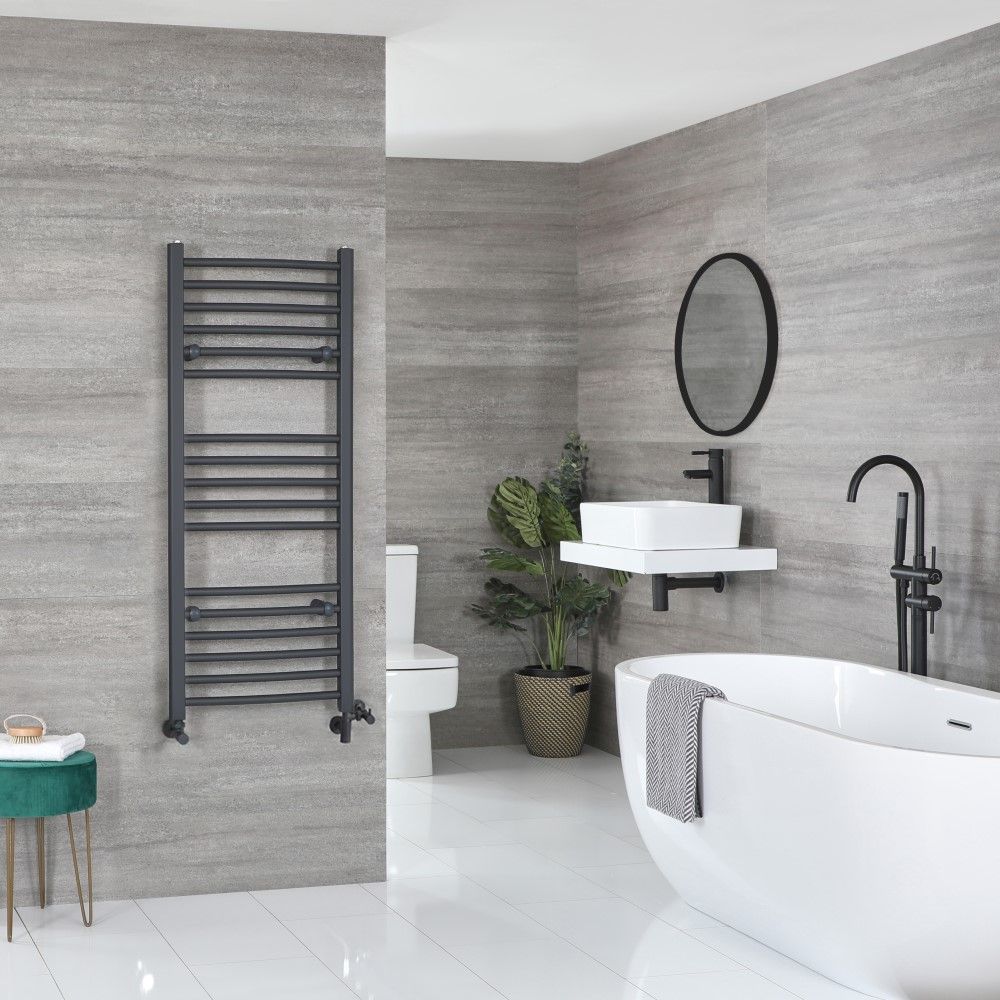 Radiador Toallero Mixto Antracita Curvo - 1200mm x 500mm - incl. 600W Elemento Eléctrico, Pieza en Forma de T y Llaves - Artle