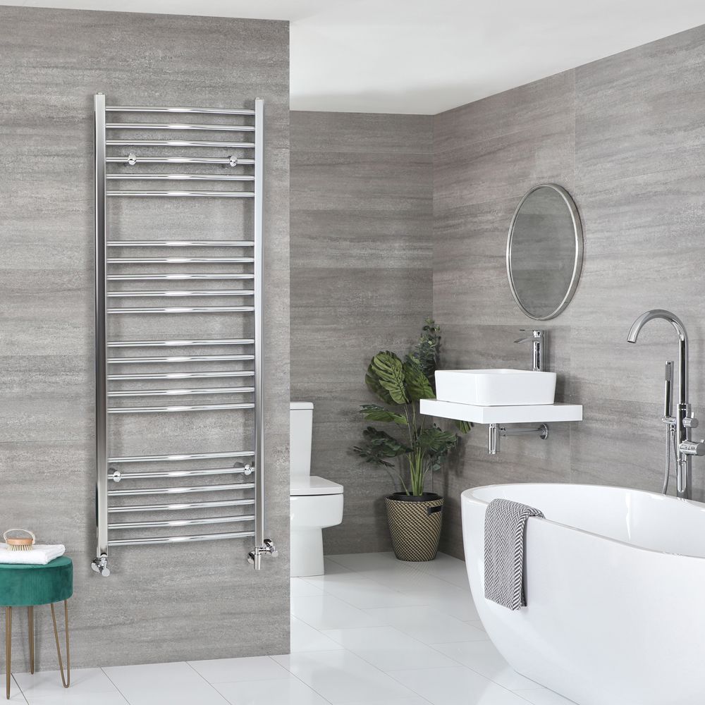 Radiador Toallero Mixto Cromado Curvo - 1600mm x 500mm - incl. 400W Elemento Eléctrico, Pieza en Forma de T y Llaves - Kent