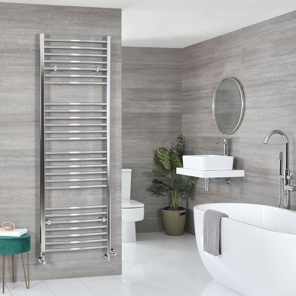 Radiador Toallero Mixto Cromado Curvo - 1800mm x 600mm - incl. 1000W Elemento Eléctrico, Pieza en Forma de T y Llaves - Kent
