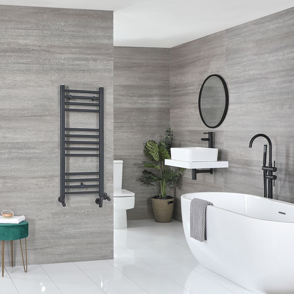 Radiador Toallero Mixto Antracita Plano - 1000mm x 400mm - incl. Elemento Eléctrico de 400W, Pieza en Forma de T y Llaves - Artle