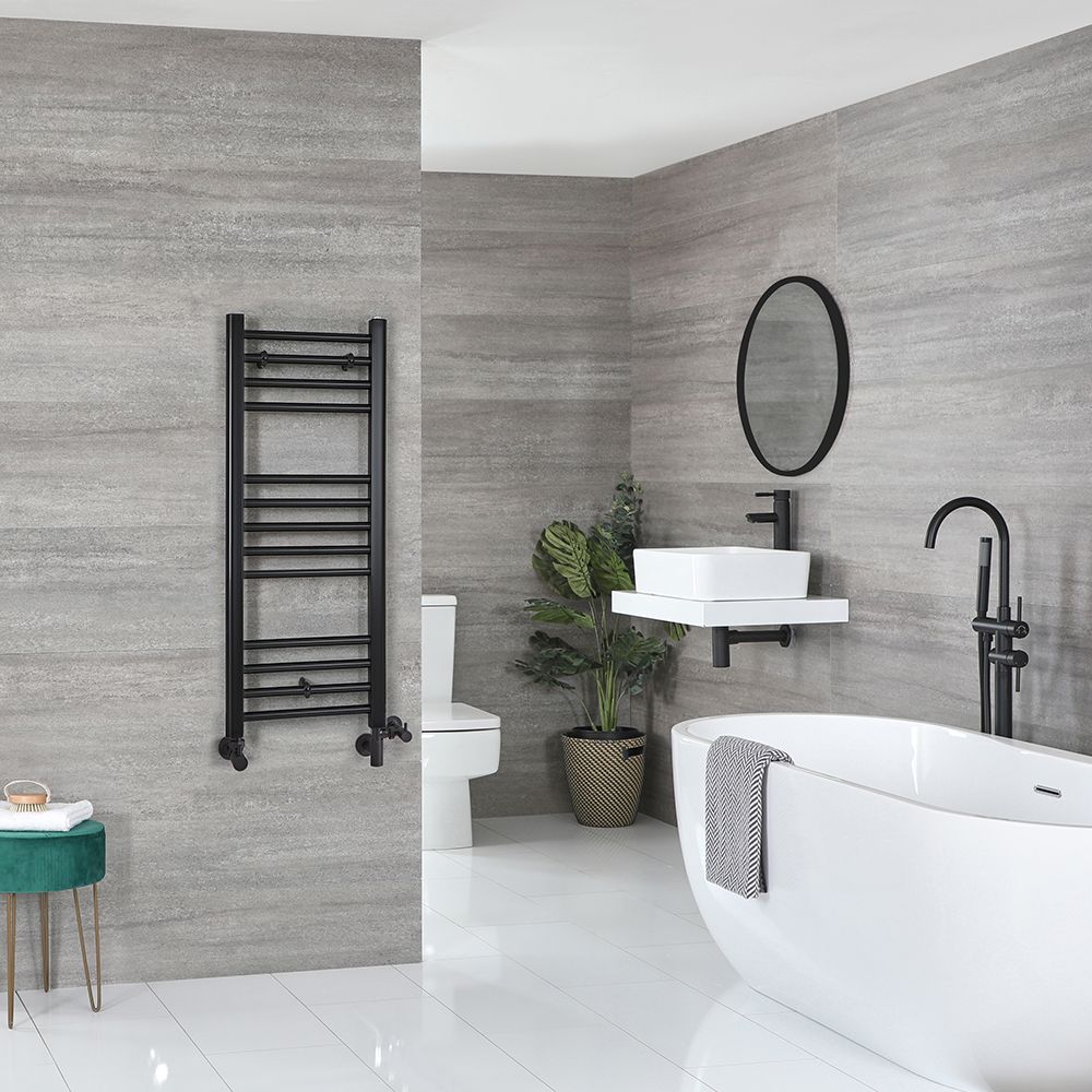 Radiador Toallero Mixto Negro Opaco  Plano - 1000mm x 400mm - incl. Elemento Eléctrico de 400W, Pieza en Forma de T y Llaves - Nox