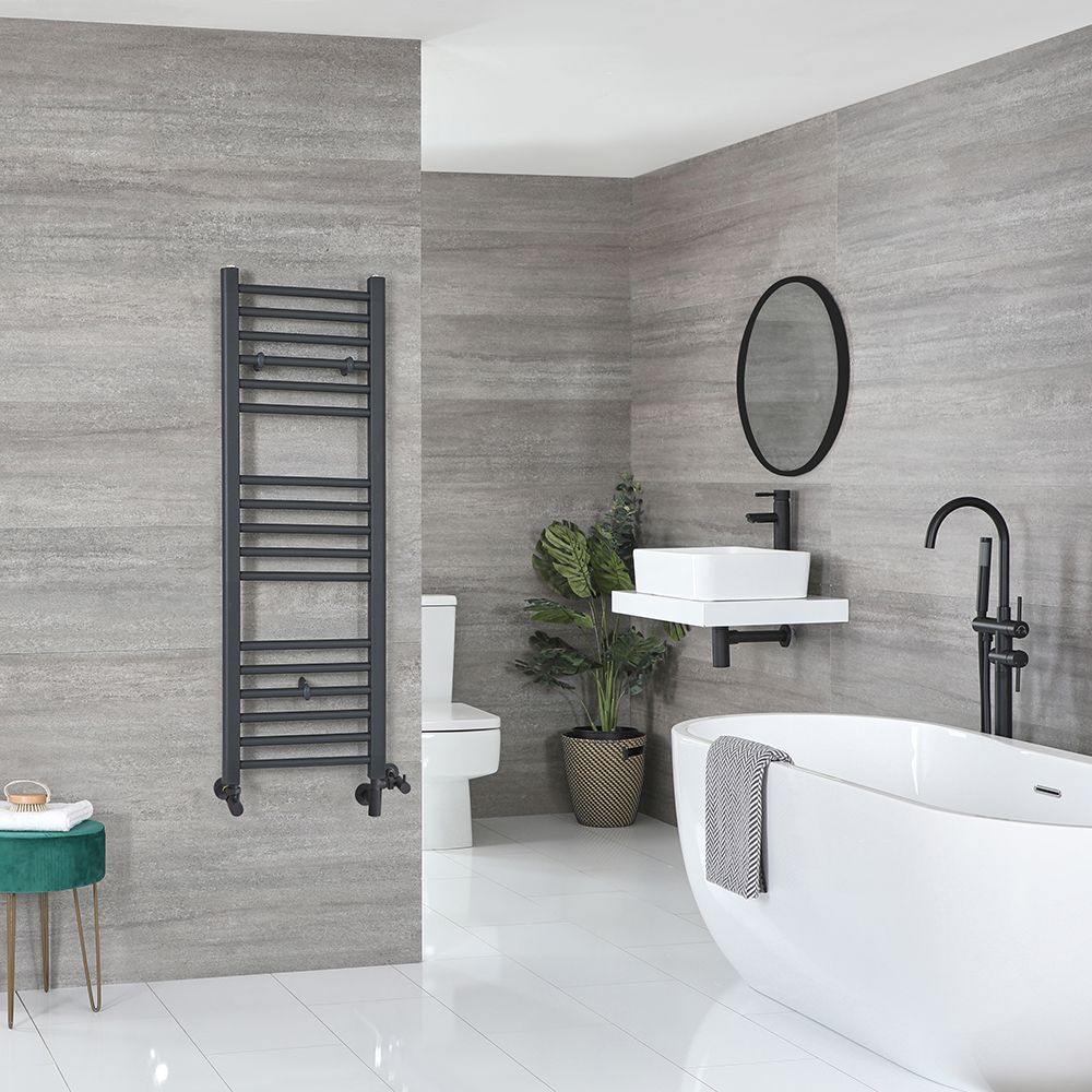 Radiador Toallero Mixto Antracita Plano - 1200mm x 400mm - incl. Elemento Eléctrico de 400W, Pieza en Forma de T y Llaves - Artle
