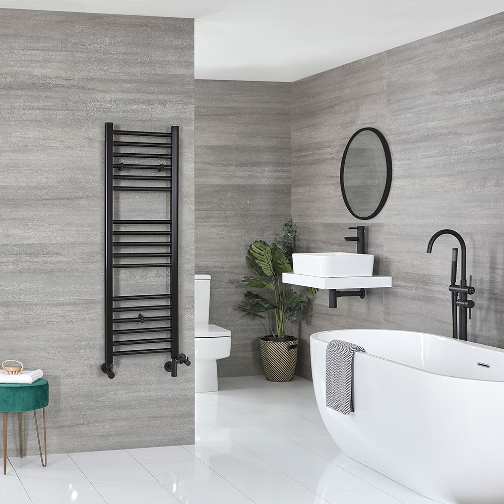 Radiador Toallero Mixto Negro Opaco  Plano - 1200mm x 400mm - incl. Elemento Eléctrico de 400W, Pieza en Forma de T y Llaves - Nox