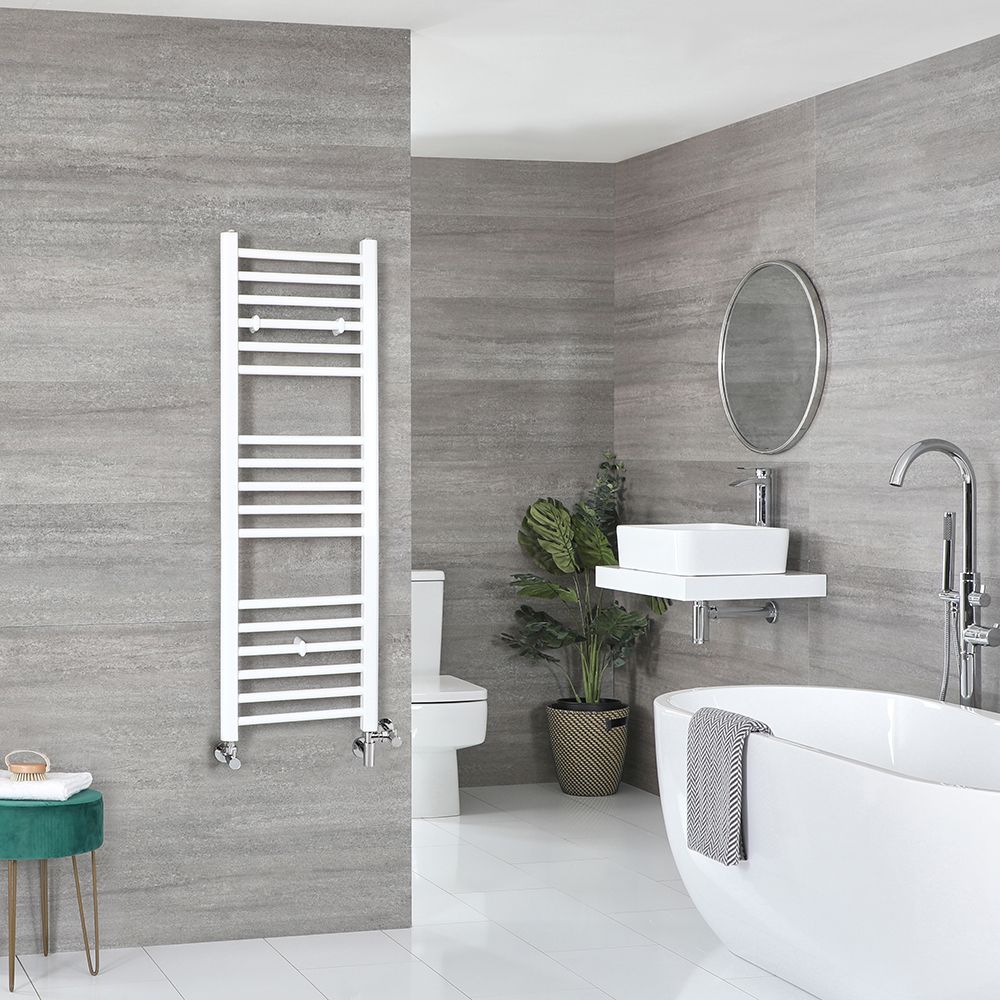Radiador Toallero Mixto Blanco Plano - 1200mm x 400mm - incl. Elemento Eléctrico de 400W, Pieza en Forma de T y Llaves - Ive