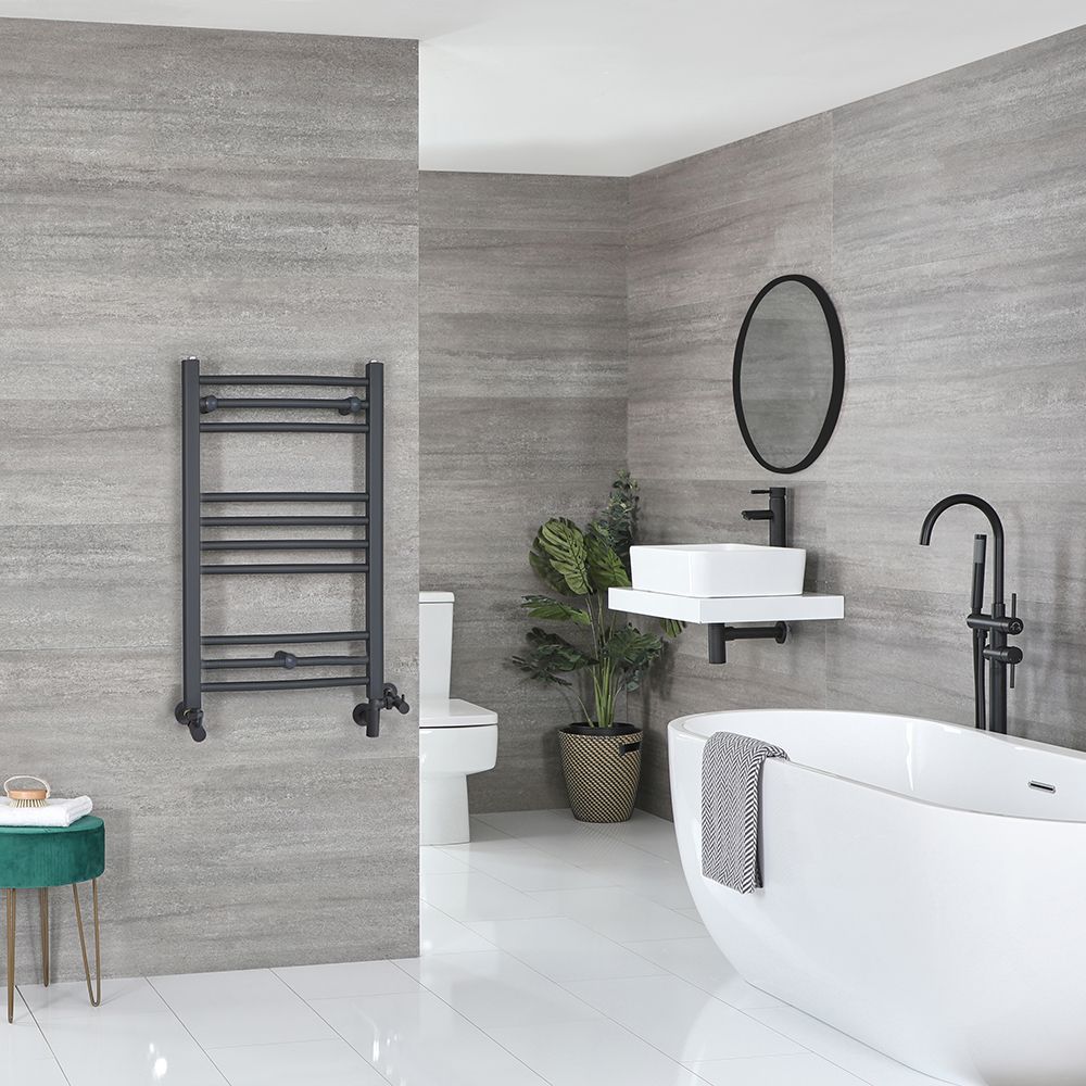 Radiador Toallero Mixto Antracita Plano - 800mm x 500mm - incl. Elemento Eléctrico de 400W, Pieza en Forma de T y Llaves - Artle