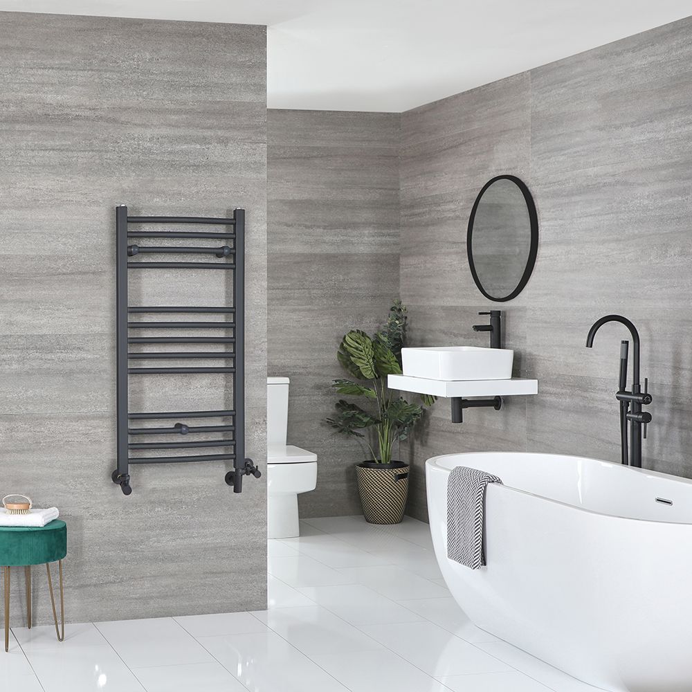 Radiador Toallero Mixto Antracita Plano - 1000mm x 500mm - incl. Elemento Eléctrico de 400W, Pieza en Forma de T y Llaves - Artle