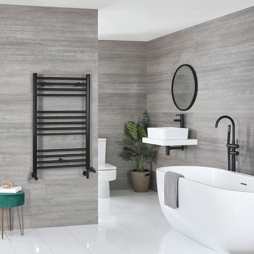 Radiador Toallero Mixto Negro Opaco  Plano - 1000mm x 500mm - incl. Elemento Eléctrico de 400W, Pieza en Forma de T y Llaves - Nox