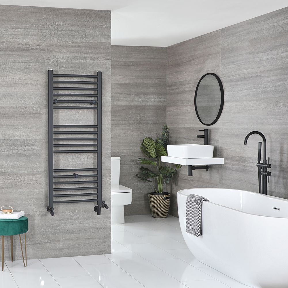 Radiador Toallero Mixto Antracita Plano - 1200mm x 500mm - incl. 600W Elemento Eléctrico, Pieza en Forma de T y Llaves - Artle