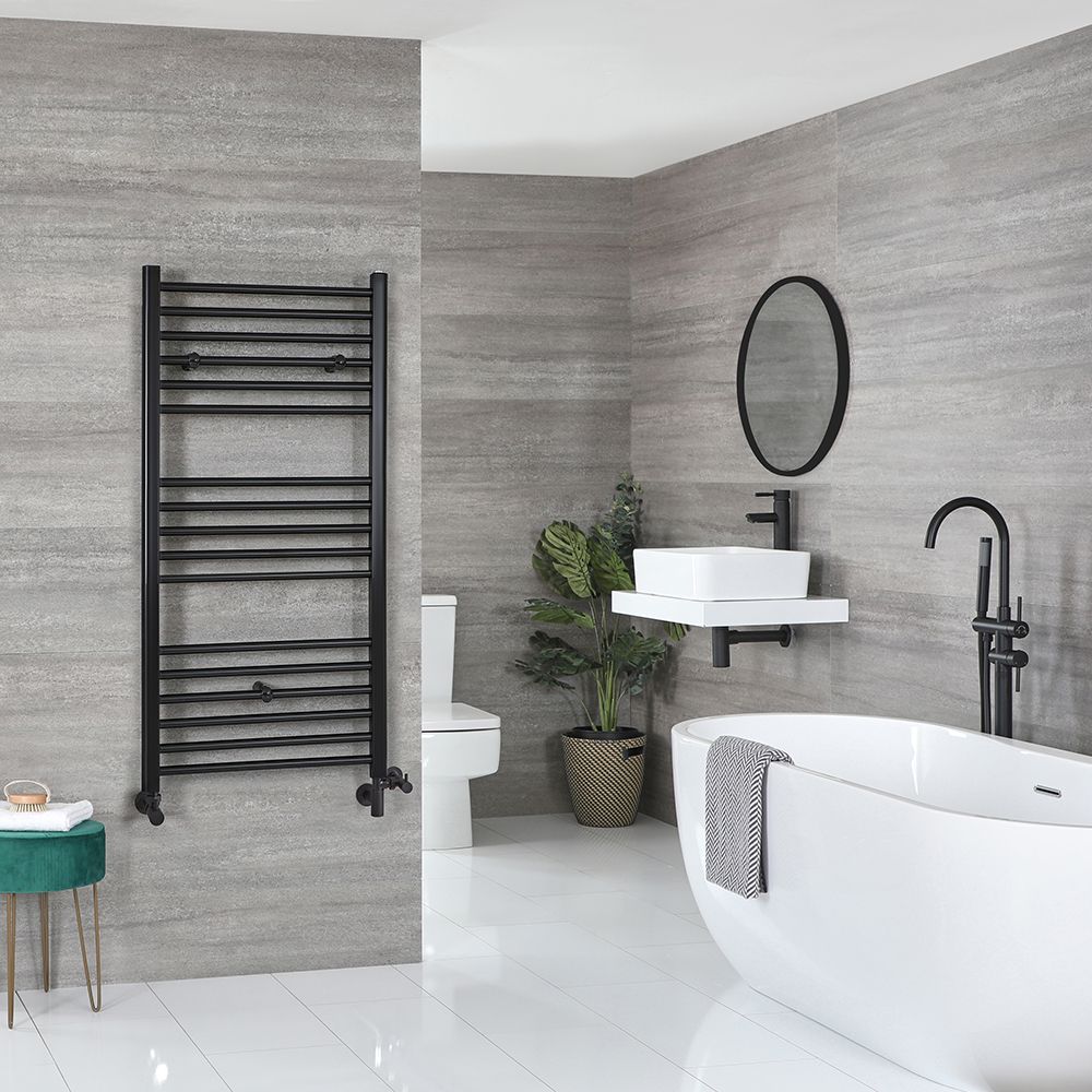 Radiador Toallero Mixto Negro Opaco  Plano - 1200mm x 500mm - incl. 600W Elemento Eléctrico, Pieza en Forma de T y Llaves - Nox